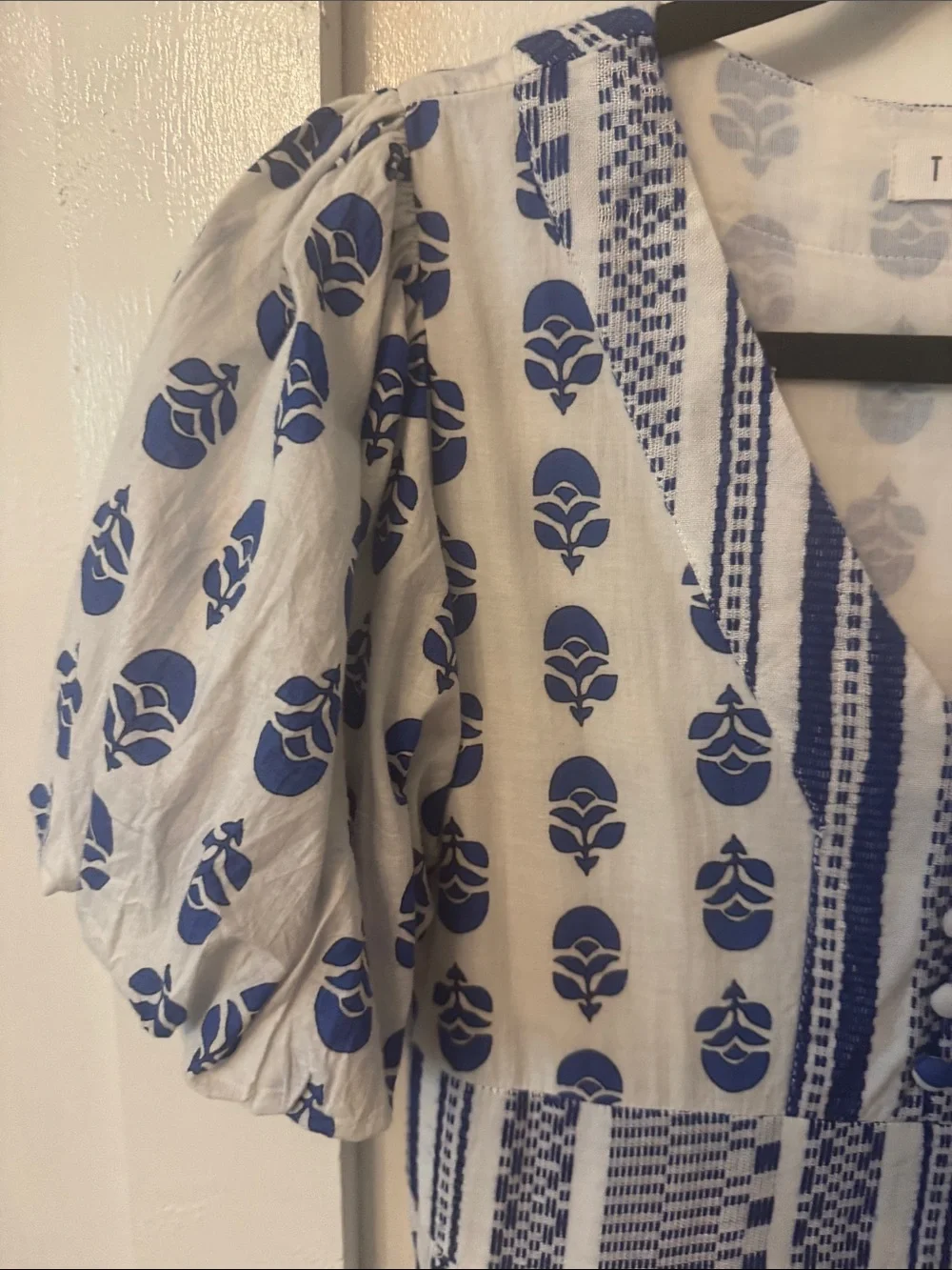 THML White Dress with Blue Floral Print and Puff Sleeves. Work once.